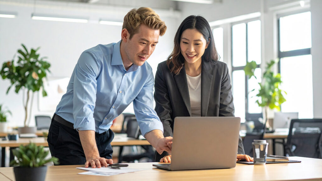 Two colleagues in a relaxed office setting — one experienced, one clearly new — looking at a laptop together. The mood is friendly and collaborative, not formal. Open workspace, plants visible, natural light. Young professionals, approachable and realistic. No suits — business casual.