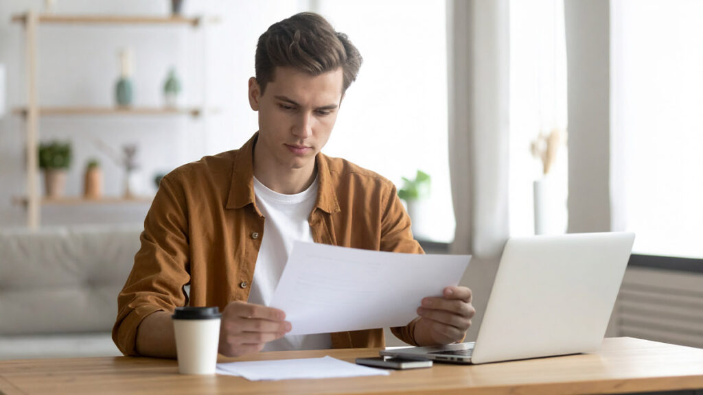 A young person sitting at a desk at home, looking at documents — a pay slip or simple financial papers — with a calm, focused expression. A coffee cup nearby, good lighting, tidy desk. The mood is thoughtful and organized, not stressed. Warm home office atmosphere.