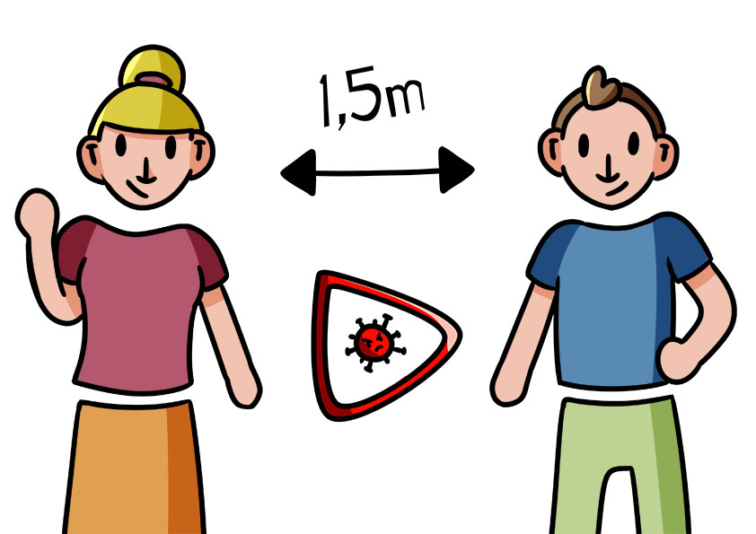 Zwei Menschen die darauf hinweißen Sicherheitsabstand von 1,5m zu halten.