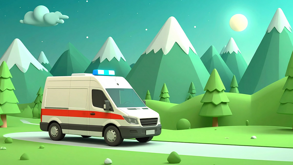 3D Darstellung eines Krankenwagens in einer grünen Landschaft.