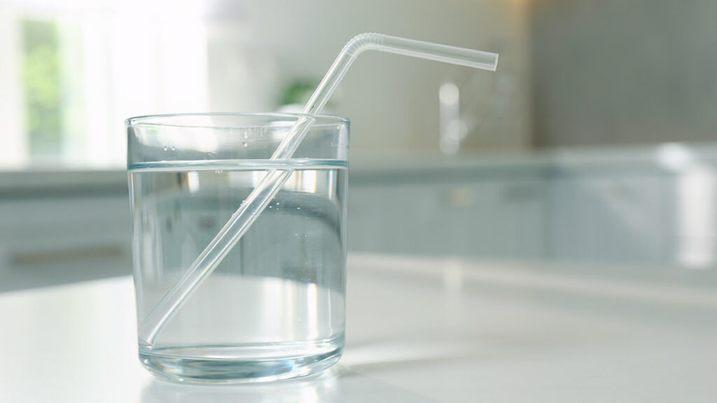 Ein Trinkhalm in einem Wasserglas erscheint an der Wasseroberfläche geknickt — klassisches Beispiel für die Lichtbrechung (KI-generiert)