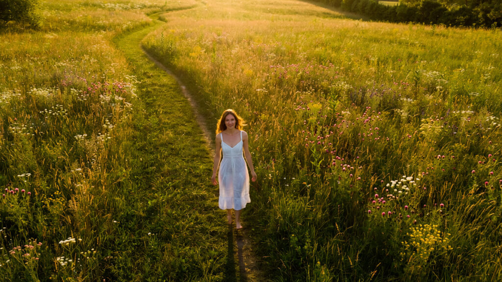 Aerial view of a person walking barefoot on a meadow path surrounded by wildflowers, golden hour sunlight, serene and uplifting mood — warm and airy.