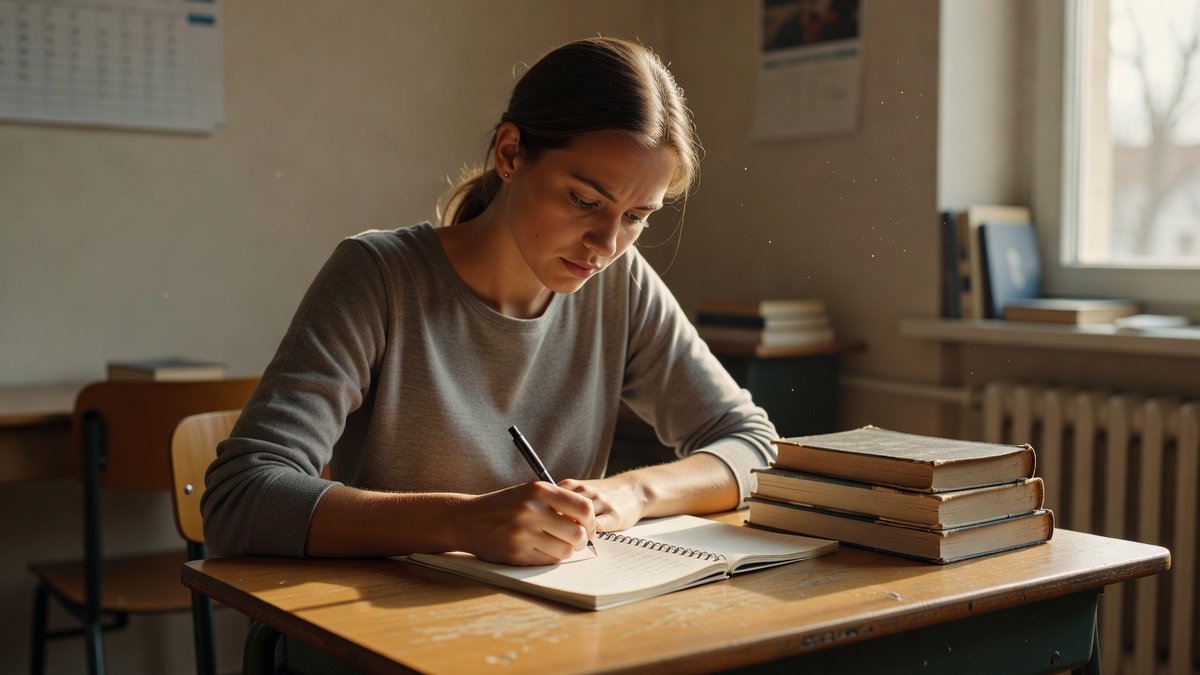 Junge Frau sitzt an einem Schreibtisch und schreibt in ein Heft, Bücherstapel daneben (KI-generiert)