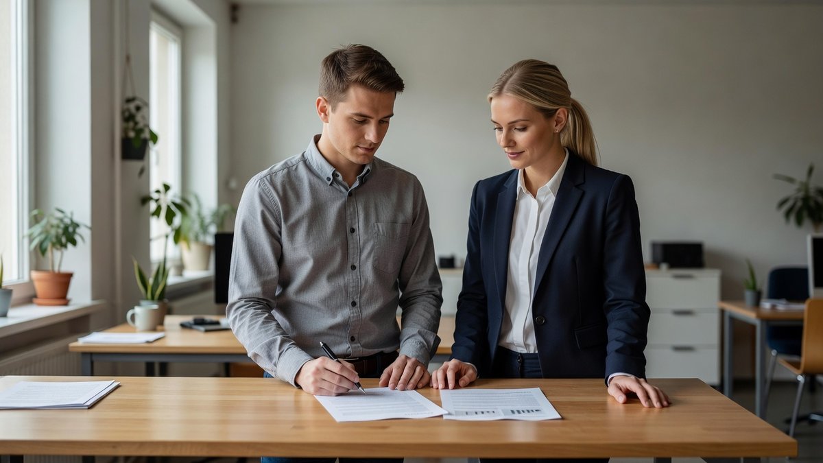 Junger Mann und junge Frau stehen an einem Schreibtisch und prüfen gemeinsam ein gedrucktes Dokument (KI-generiert)