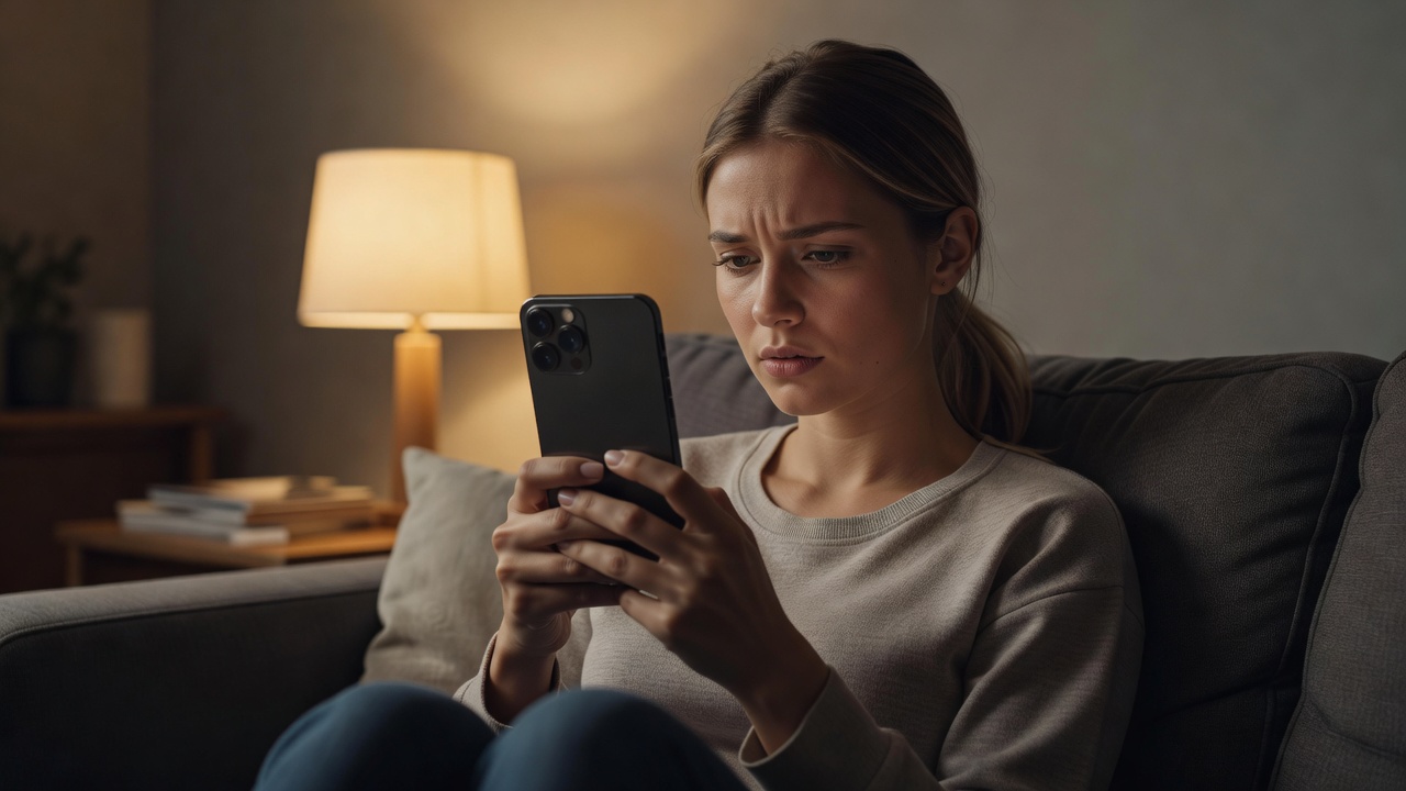 Junge Frau sitzt abends auf dem Sofa und schaut auf ihr Smartphone; zu sehen ist die Geräterückseite mit Kameras, der Bildschirm ist zu ihr gedreht (KI-generiert)
