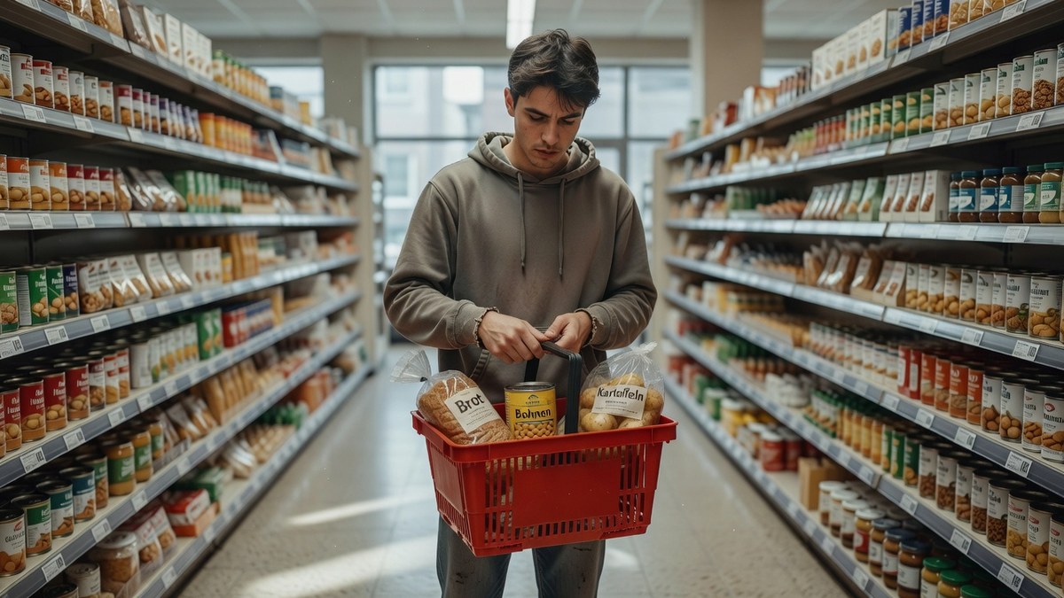 Junge Person im Supermarkt legt Lebensmittel in einen Korb, sinnbildlich für variable Kosten und bewusste Alltagsausgaben (KI-generiert)