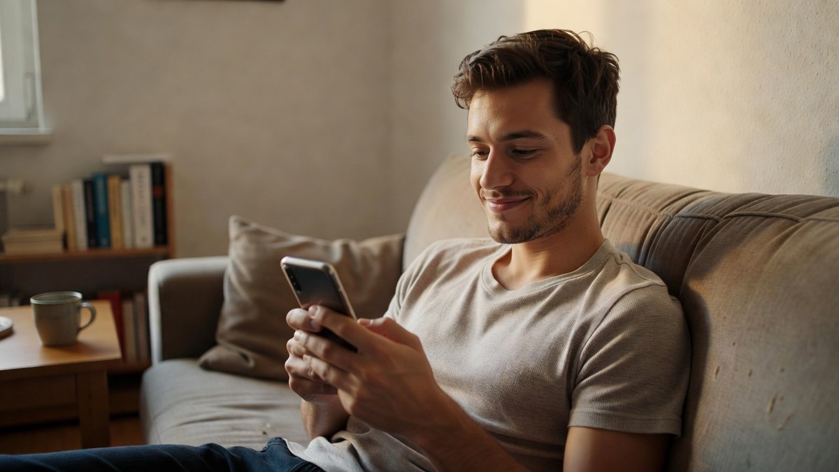 Junger Mann sitzt lächelnd auf dem Sofa und schaut aufs Smartphone, sinnbildlich für die Steuererstattung nach der freiwilligen Erklärung (KI-generiert)