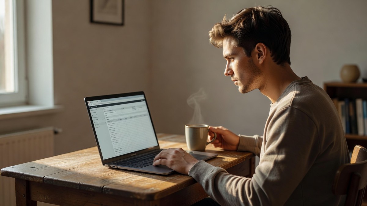 Junger Mann sitzt konzentriert am Holztisch vor einem Laptop mit einem generischen Formular, Kaffeetasse daneben, sinnbildlich für das Ausfüllen der Steuererklärung (KI-generiert)